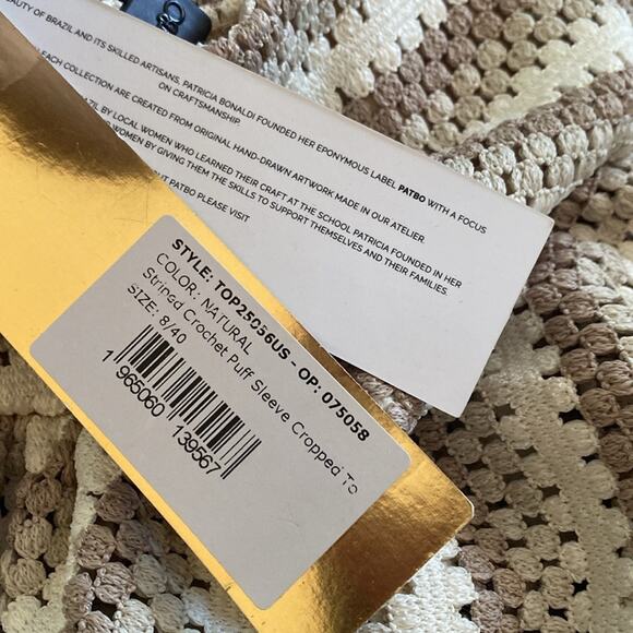 NWT PatBo Striped Crochet tan cream natural puff sleeve crop top sz 8 40 - Picture 7 of 7